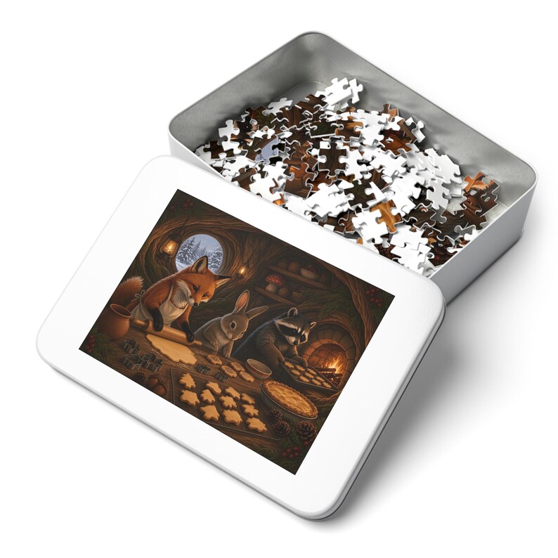 Christmas Cookies Woodland Critter Bakers Jigsaw Puzzle, Fox Bunny Raccoon Kitchen, Tin Box (252 Pieces) image 3