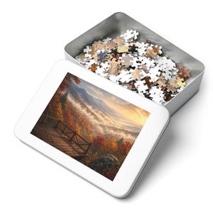 Cozy Cottage Seasons Mountain Overlook Jigsaw Puzzle, Misty Valley, Tin Box (252 Pieces) image 3