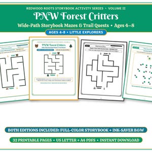 Op de afbeelding: Redwood Roots Storybook Activity Series Volume II PNW Forest Critters Wide-Path Storybook Mazes & Trail Quests voor 4- tot 8-jarigen. Bevat vier printbare pagina's met zwart-wit doolhoven en een verbind-de-punten activiteitsblad.