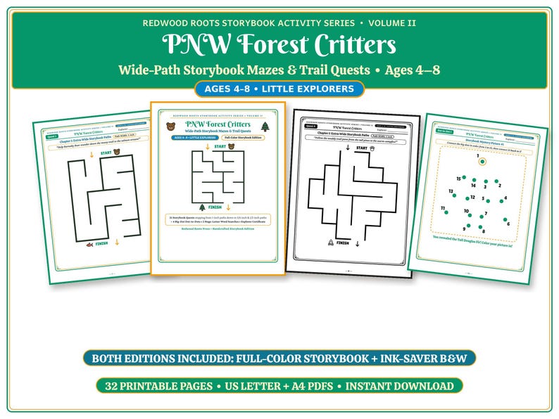 Op de afbeelding: Redwood Roots Storybook Activity Series Volume II PNW Forest Critters Wide-Path Storybook Mazes & Trail Quests voor 4- tot 8-jarigen. Bevat vier printbare pagina's met zwart-wit doolhoven en een verbind-de-punten activiteitsblad.