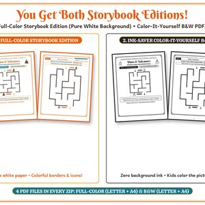 May include: A digital product listing titled You Get Both Storybook Editions! featuring two sets of maze activity pages. The first set includes full-color pages with orange borders, while the second set features ink-saver black and white pages.