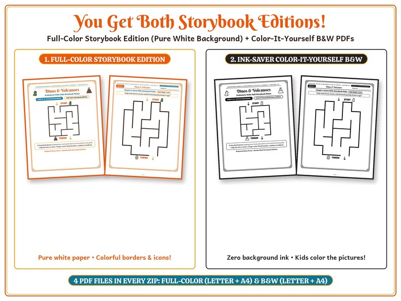 May include: A digital product listing titled You Get Both Storybook Editions! featuring two sets of maze activity pages. The first set includes full-color pages with orange borders, while the second set features ink-saver black and white pages.