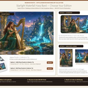 May include: A product display featuring the Starlight Waterfall Harp Bard illustration on a 1000-piece or 500-piece jigsaw puzzle in a collector's tin, an XL gaming desk mat, and a hardcover journal with 150 pages of cream paper.