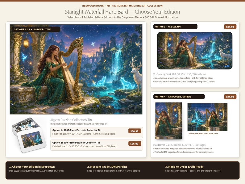 May include: A product display featuring the Starlight Waterfall Harp Bard illustration on a 1000-piece or 500-piece jigsaw puzzle in a collector's tin, an XL gaming desk mat, and a hardcover journal with 150 pages of cream paper.