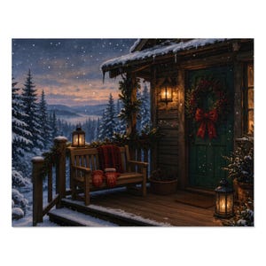 May include: A wooden porch scene during a snowy winter evening featuring a bench with red mittens, a green door adorned with a festive wreath and a large red bow, and two glowing lanterns illuminating the snow-covered wooden deck.