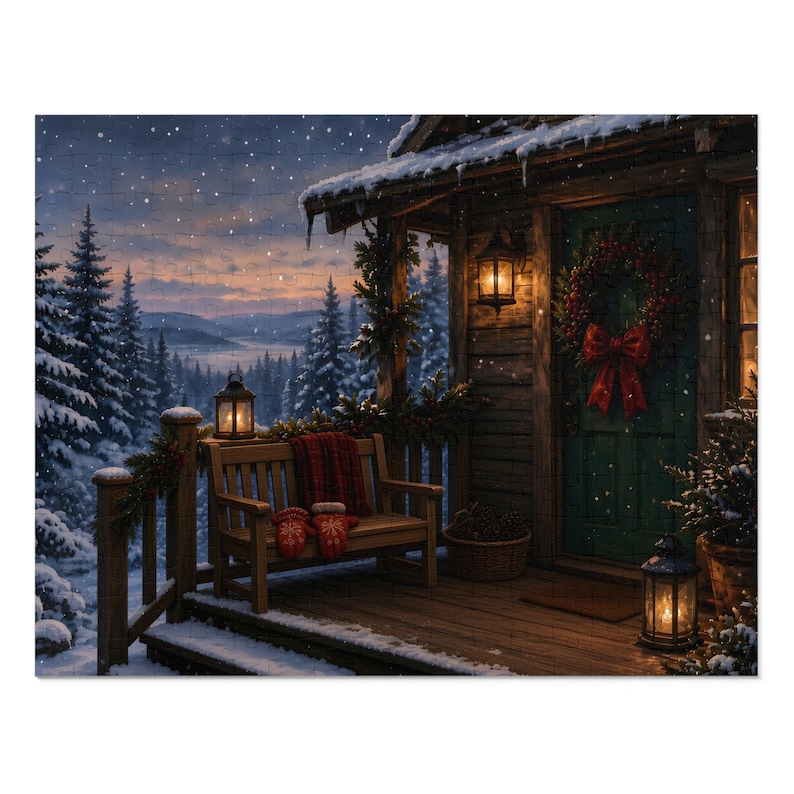 Cozy Cottage Seasons Cabin Porch Jigsaw Puzzle, Snowy Lake Evening, Tin Box (252 Pieces) afbeelding 1