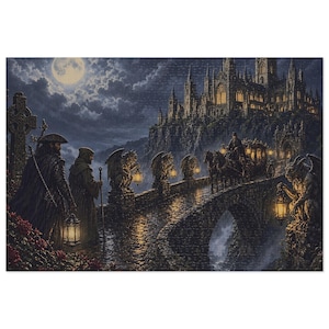 Gargoyle Bridge and Old Abbey Gothic Fantasy Jigsaw Puzzle in Tin, 1000 or 500 Pieces, Gargoyles and Grimoires RPG Gift image 1