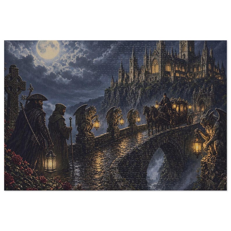 Gargoyle Bridge and Old Abbey Gothic Fantasy Jigsaw Puzzle in Tin, 1000 or 500 Pieces, Gargoyles and Grimoires RPG Gift image 1