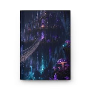 May include: A hardcover journal featuring a dark, detailed illustration of a glowing purple castle perched on a cliff, connected by a rope bridge to a cavernous landscape filled with luminous blue crystals and purple spotted mushrooms.