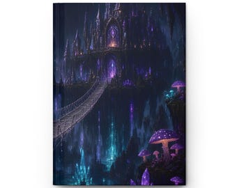 May include: A hardcover journal featuring a dark, detailed illustration of a glowing purple castle perched on a cliff, connected by a rope bridge to a cavernous landscape filled with luminous blue crystals and purple spotted mushrooms.