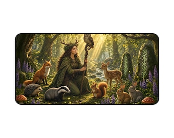 May include: A rectangular desk mat featuring a forest scene with a person wearing a green cloak and antler headpiece holding a staff. The person is surrounded by a fox, hedgehog, badger, squirrel, deer, and two rabbits among trees and glowing stones.