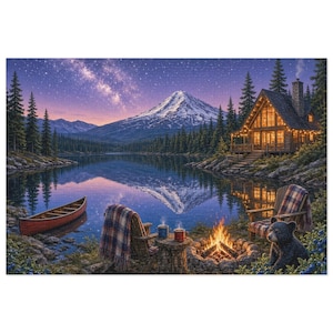 May include: A jigsaw puzzle illustration featuring a lakeside cabin with glowing lights, a snow-capped mountain, a starry night sky, a red canoe, two wooden chairs with plaid blankets, steaming mugs, a campfire, and a small black bear.