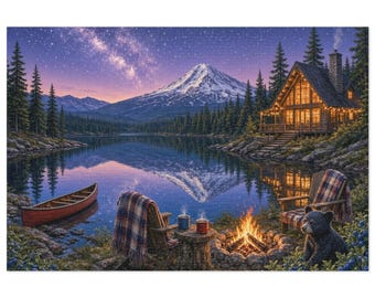 May include: A jigsaw puzzle illustration featuring a lakeside cabin with glowing lights, a snow-capped mountain, a starry night sky, a red canoe, two wooden chairs with plaid blankets, steaming mugs, a campfire, and a small black bear.