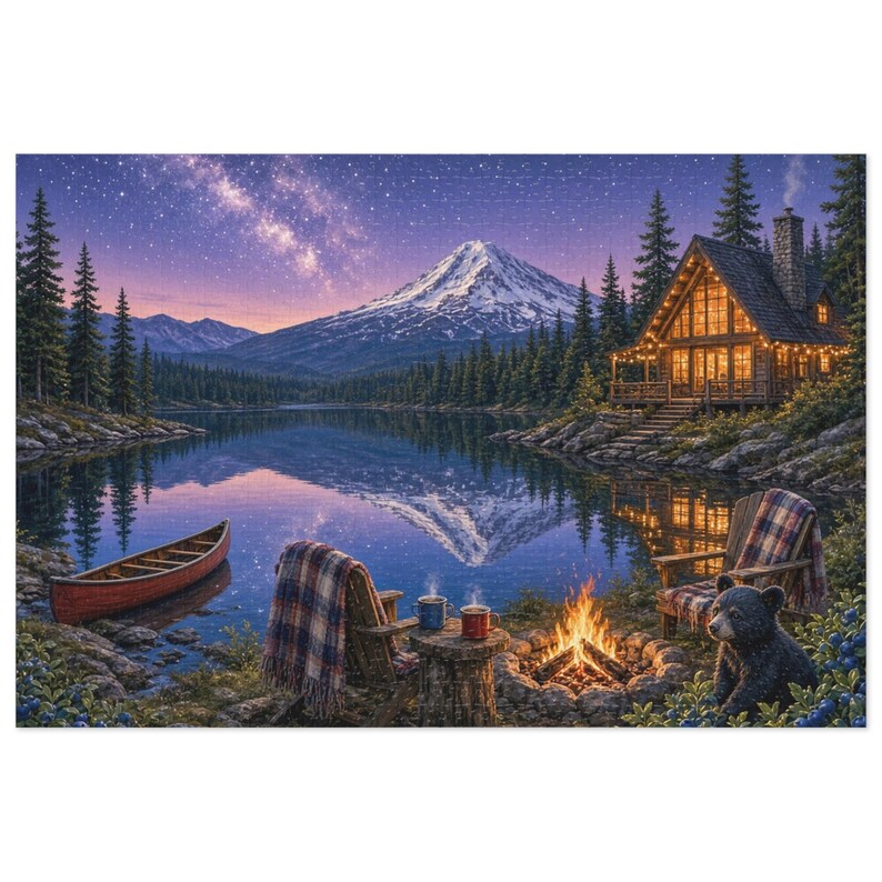 Cascade Mountain Stargazer A-Frame Cabin Jigsaw Puzzle in Gift Tin, 1000 or 500 Pieces, Pacific Northwest Lake Campfire Gift image 1