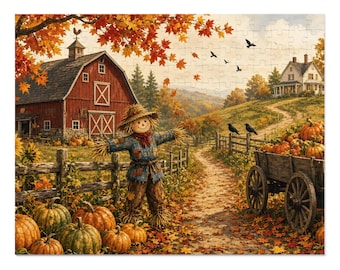 Cozy Cottage Seasons Pumpkin Patch Lane Jigsaw Puzzle, Scarecrow Farm, Tin Box (252 Pieces)