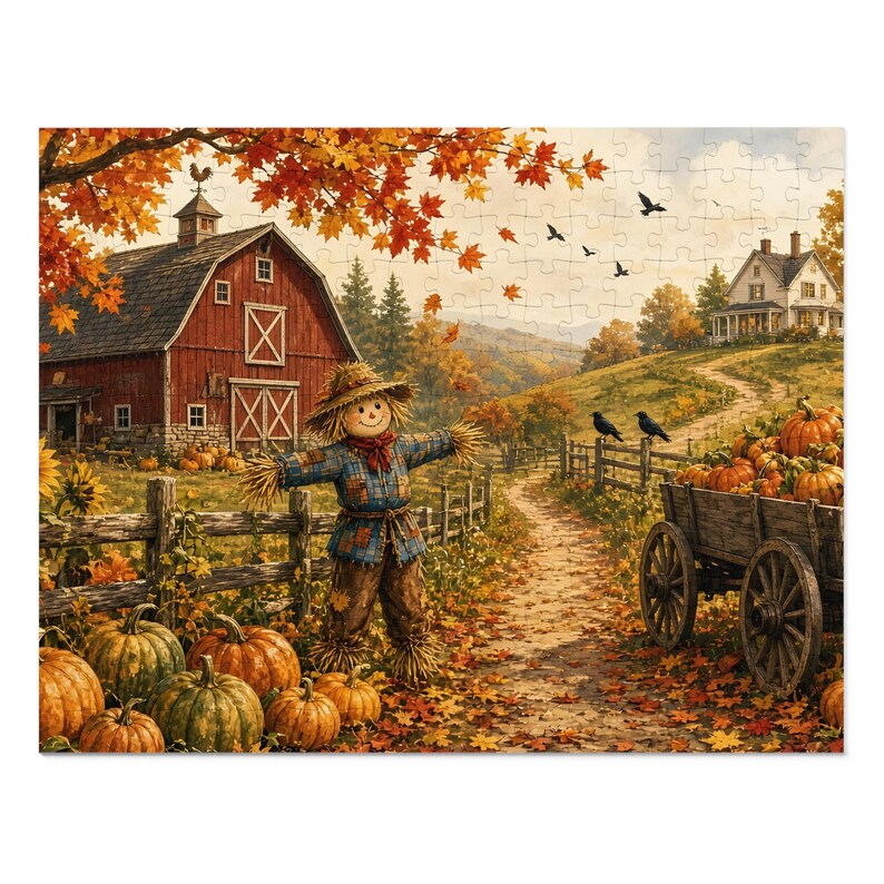Cozy Cottage Seasons Pumpkin Patch Lane Jigsaw Puzzle, Scarecrow Farm, Tin Box (252 Pieces) image 1
