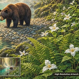 Pu&ograve; includere: Una stampa artistica dettagliata che raffigura un orso bruno in piedi su una riva rocciosa accanto a un ruscello. Il primo piano mostra felci verdi rigogliose e fiori di trillium bianchi. Il testo High-Resolution Artwork Detail &egrave; visibile.