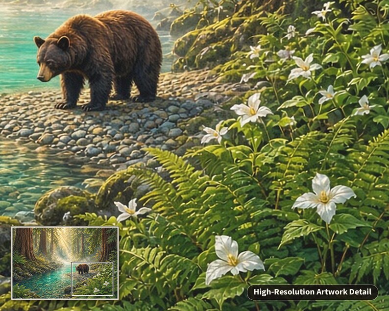 Pu&ograve; includere: Una stampa artistica dettagliata che raffigura un orso bruno in piedi su una riva rocciosa accanto a un ruscello. Il primo piano mostra felci verdi rigogliose e fiori di trillium bianchi. Il testo High-Resolution Artwork Detail &egrave; visibile.