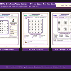 May include: A Woodland Elf's Christmas Word Search activity set featuring three color-coded reading levels for ages 4-12. The pages include a 6x6 grid, a 9x9 grid, and a 12x12 grid with word lists, riddles, and festive illustrations.