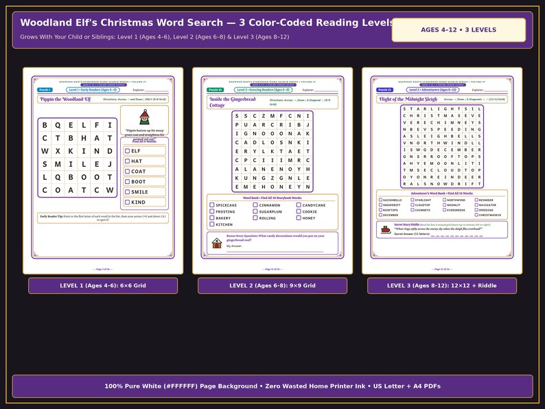 May include: A Woodland Elf's Christmas Word Search activity set featuring three color-coded reading levels for ages 4-12. The pages include a 6x6 grid, a 9x9 grid, and a 12x12 grid with word lists, riddles, and festive illustrations.