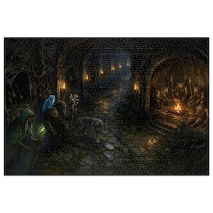 Rompecabezas de fantasía de mazmorra druídica en lata, 1000 o 500 piezas, rompecabezas de guarida de gnoll compañero lobo