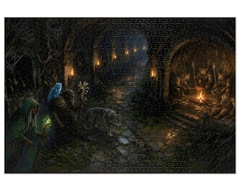 Druid Dungeon Fantasy Jigsaw Puzzle in Tin, 1000 or 500 Pieces, Wolf Companion Gnoll Lair Puzzle Gift