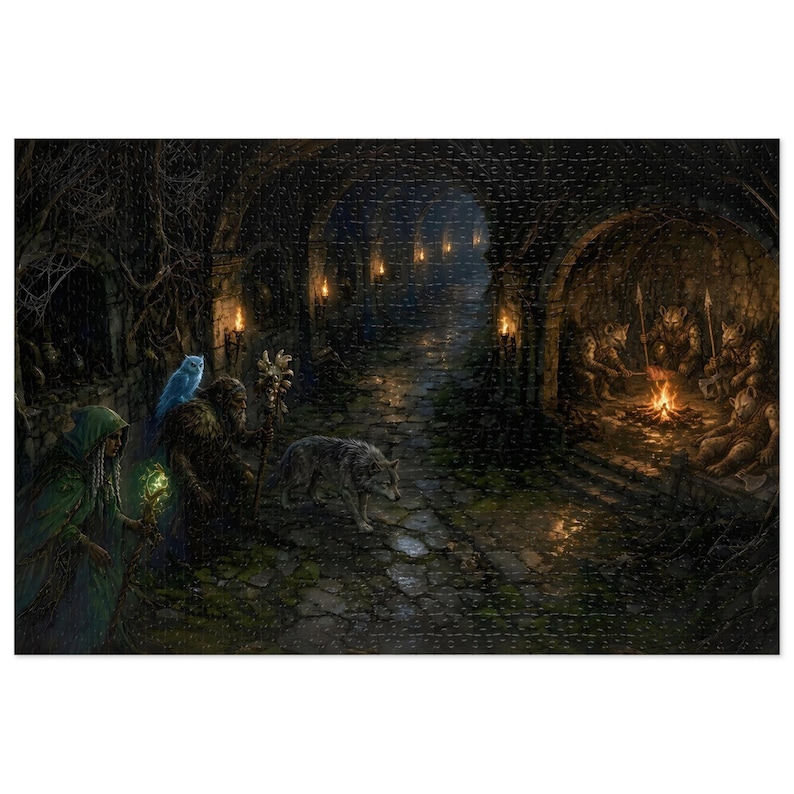 Druid Dungeon Fantasy Jigsaw Puzzle in Tin, 1000 or 500 Pieces, Wolf Companion Gnoll Lair Puzzle Gift image 1
