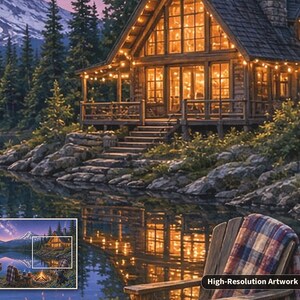 May include: A wooden cabin with glowing string lights sits on a rocky lakeshore at dusk. The scene features a reflection of the illuminated cabin in the calm water, surrounded by pine trees and a distant mountain under a twilight sky.