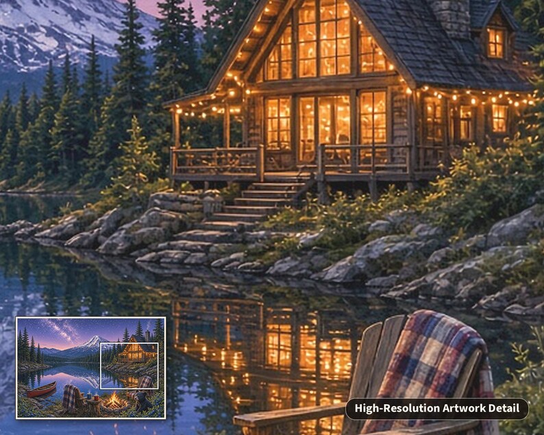 May include: A wooden cabin with glowing string lights sits on a rocky lakeshore at dusk. The scene features a reflection of the illuminated cabin in the calm water, surrounded by pine trees and a distant mountain under a twilight sky.
