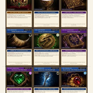 Pu&ograve; includere: Un foglio stampabile di nove carte da gioco di ruolo fantasy intitolato Boss Relics, Cursed Treasures & Hoard Vouchers. Ogni carta presenta un'illustrazione di un oggetto unico, tra cui una corona, un calice, un tomo, un corno, una moneta, un mazzo di carte, una gemma a forma di cuore, una chiave e uno scrigno.