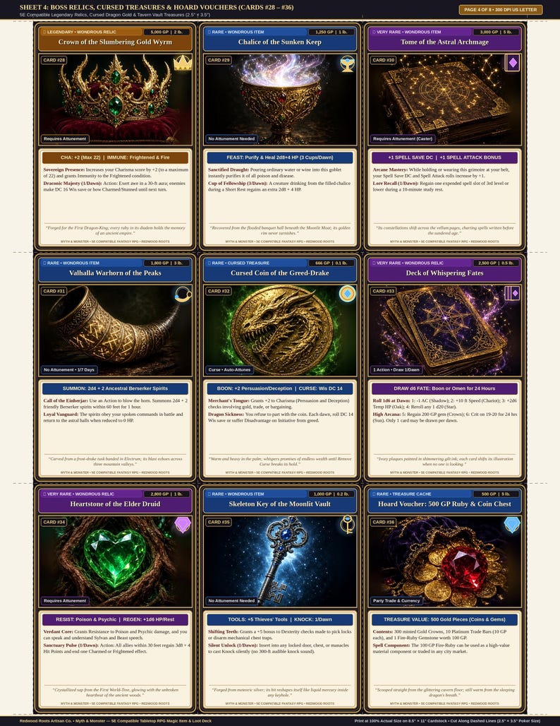 Pu&ograve; includere: Un foglio stampabile di nove carte da gioco di ruolo fantasy intitolato Boss Relics, Cursed Treasures & Hoard Vouchers. Ogni carta presenta un'illustrazione di un oggetto unico, tra cui una corona, un calice, un tomo, un corno, una moneta, un mazzo di carte, una gemma a forma di cuore, una chiave e uno scrigno.