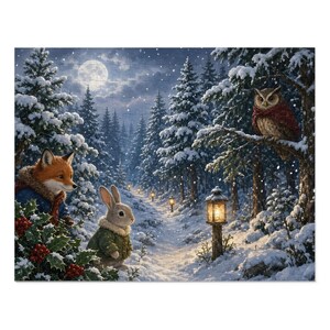 May include: A jigsaw puzzle illustration of a snowy winter forest at night under a full moon. A fox in a blue coat, a rabbit in a green coat, and an owl in a red scarf are present. A lit lantern stands on a path among snow-covered pine trees.