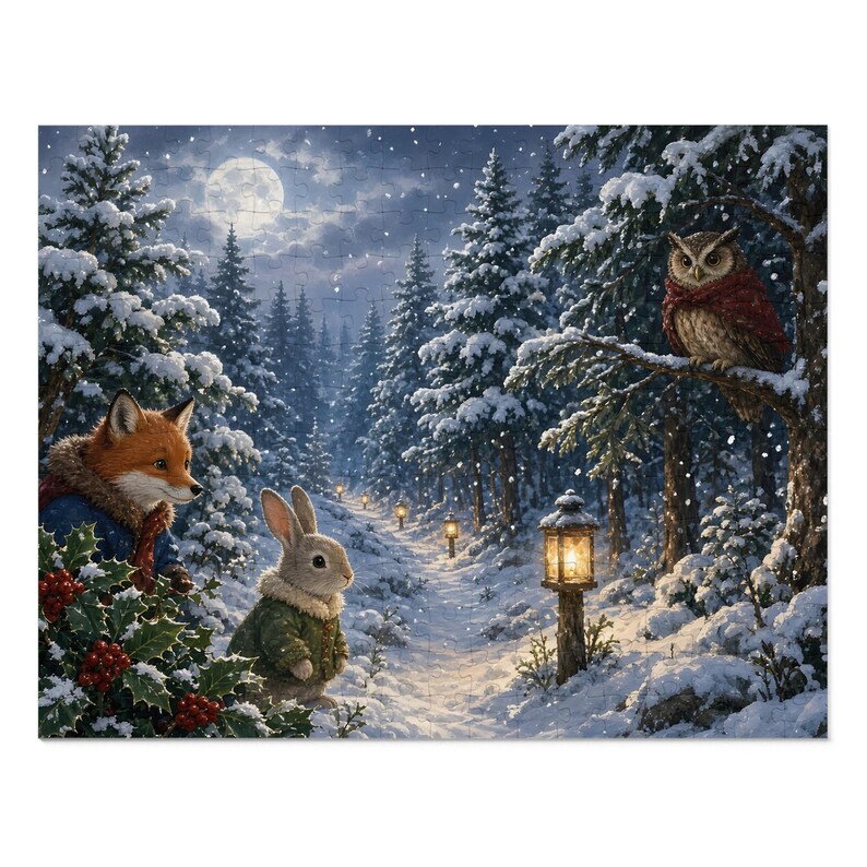 Cozy Cottage Seasons Moonlit Forest Path Jigsaw Puzzle, Fox and Owl Friends, Tin Box (252 Pieces) image 1