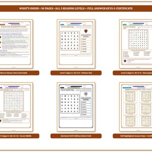 May include: A 36-page educational word search activity book featuring three distinct reading levels, answer keys, and a certificate. The pages include a level guide, word puzzles with picture clues, story questions, and a black and white ink-saver edition.