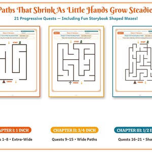 May include: Three activity pages titled Paths That Shrink As Little Hands Grow Steadier with 21 Progressive Quests. Each page features a black maze with start and finish points, labeled Chapter I: 1 inch, Chapter II: 3/4 inch, and Chapter III: 1/2 inch.