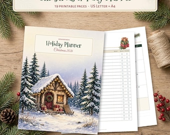 Agenda natalizia 2026 stampabile, con lista regali, budget, programma pasti e dolci, lista biglietti d'auguri, calendario novembre-dicembre in PDF.