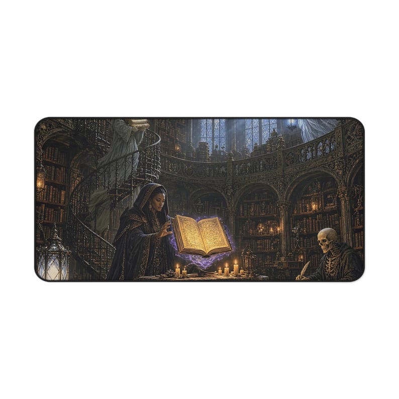 The Ossuary Library Gothic Fantasy Desk Mat, Large Gaming Mouse Pad, 16x32 RPG Desk Pad, Gargoyles and Grimoires Gift image 1