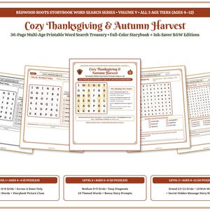 Cozy Thanksgiving and Autumn Harvest — Storybook Word Search Treasury (Ages 4–12), 28 Puzzles, Color + B&W PDF