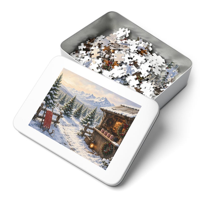 Cozy Cottage Seasons Hot Cocoa Stand Jigsaw Puzzle, Christmas Tree Farm, Tin Box (252 Pieces) image 3