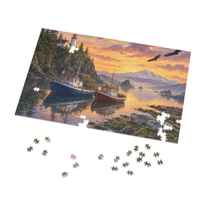 Pacific Northwest Coastal Fishing Boats and Lighthouse at Golden Hour Jigsaw Puzzle in Collector's Tin (500 and 1000 Piece) - Redwood Roots image 2