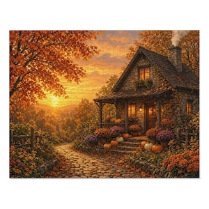 May include: A jigsaw puzzle depicting a stone cottage with a chimney, surrounded by autumn foliage and orange pumpkins on the porch steps. A cobblestone path leads to the house under a golden sunset sky with orange and yellow trees.