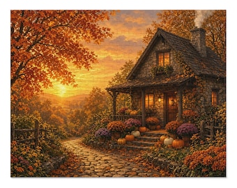 May include: A jigsaw puzzle depicting a stone cottage with a chimney, surrounded by autumn foliage and orange pumpkins on the porch steps. A cobblestone path leads to the house under a golden sunset sky with orange and yellow trees.