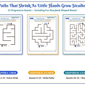 May include: A worksheet set titled Paths That Shrink As Little Hands Grow Steadier with 21 progressive quests. Three maze pages are shown with path widths of 1 inch, 3/4 inch, and 1/2 inch, featuring black lines on white paper.