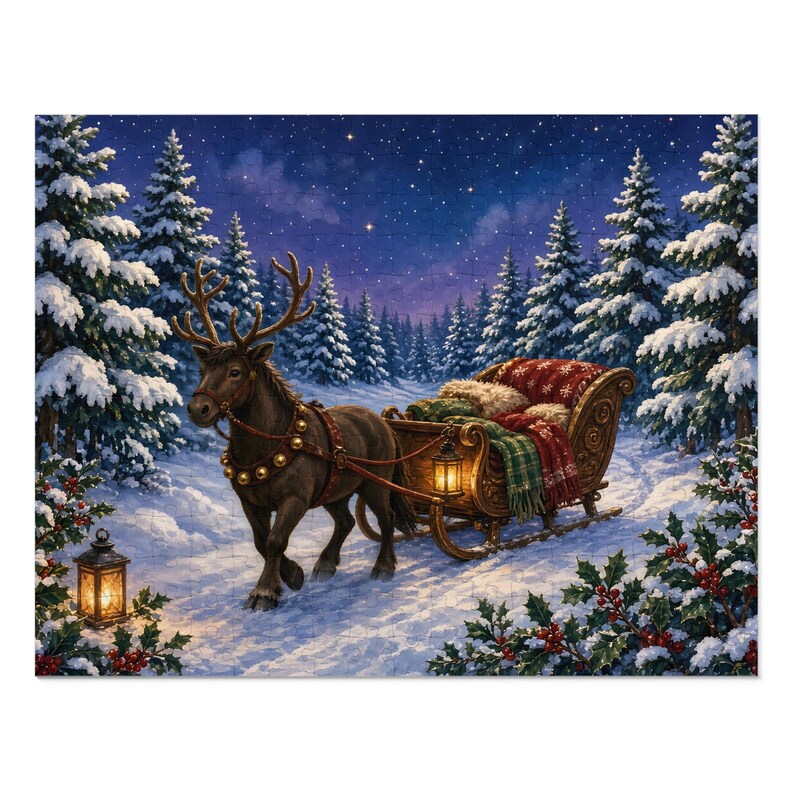 Cozy Cottage Seasons Reindeer Sleigh Jigsaw Puzzle, Christmas Night, Tin Box (252 Pieces) image 1