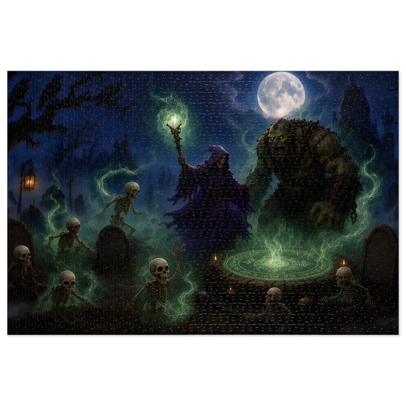 Necromancer Fantasy Jigsaw Puzzle in Tin, 1000 or 500 Pieces, Spooky Skeleton Graveyard Puzzle Gift image 1
