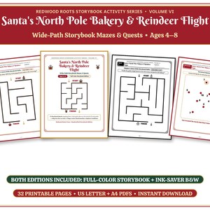 Printable Christmas Bakery Maze Book for Kids Ages 4-8, North Pole Reindeer Wide-Path Mazes, 32 Page Pack, Color + B&W PDF