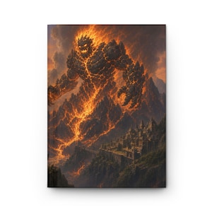 May include: A hardcover journal featuring a rectangular cover illustration of a massive, glowing lava monster towering over a dark, mountainous landscape with a stone fortress nestled in the valley below, surrounded by smoke and fire.