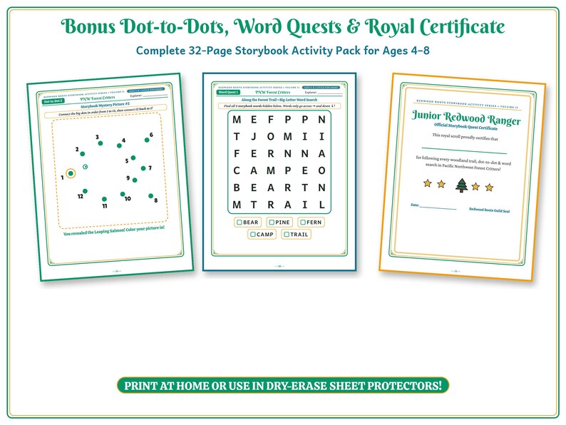 Op de afbeelding: Een 32-pagina tellend verhalenboek-activiteitenpakket met punt-tot-punt puzzels, woordzoekers en een Junior Redwood Ranger-certificaat. De pagina's bevatten een woordzoeker met bosthema, een genummerde punt-tot-punt puzzel en een oorkonde.