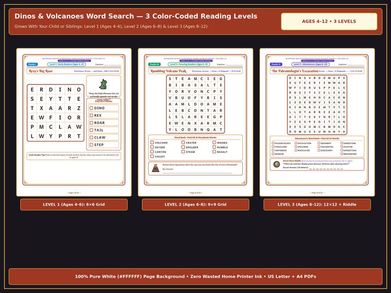 May include: A Dinos & Volcanoes word search activity set featuring three colour-coded reading levels for ages 4-12. The printable pages include a 6x6 grid, a 9x9 grid, and a 12x12 grid with a riddle, all designed with a white background.
