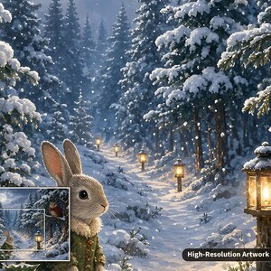 May include: A digital illustration of a snowy forest path at twilight featuring a fox and a rabbit in the foreground. The scene includes glowing lanterns lining the path, snow-covered pine trees, and a small inset box showing the full artwork.